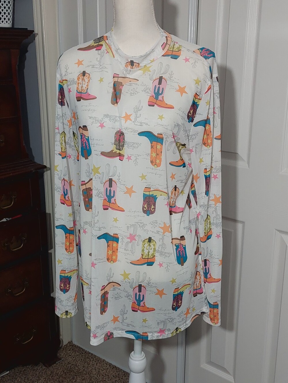 White Long Sleeve Tee with Colorful Cowboy Boot Print